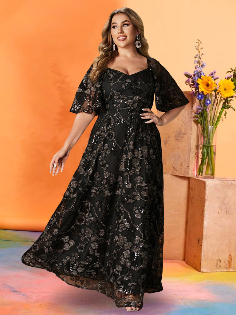 [Plus Size] Black 1930s Sequined Short Sleeves Maxi Dress