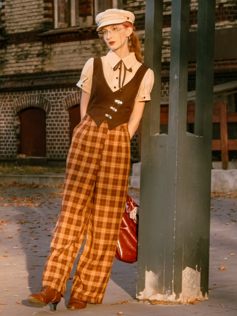 Brown 1930s Faux 3PCS Bow Plaid Jumpsuit