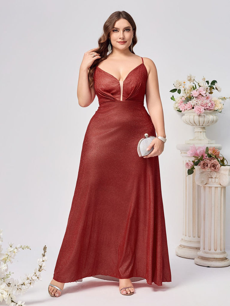 [Plus Size] Burgundy Glitter Spaghetti Strap Backless Maxi Dress