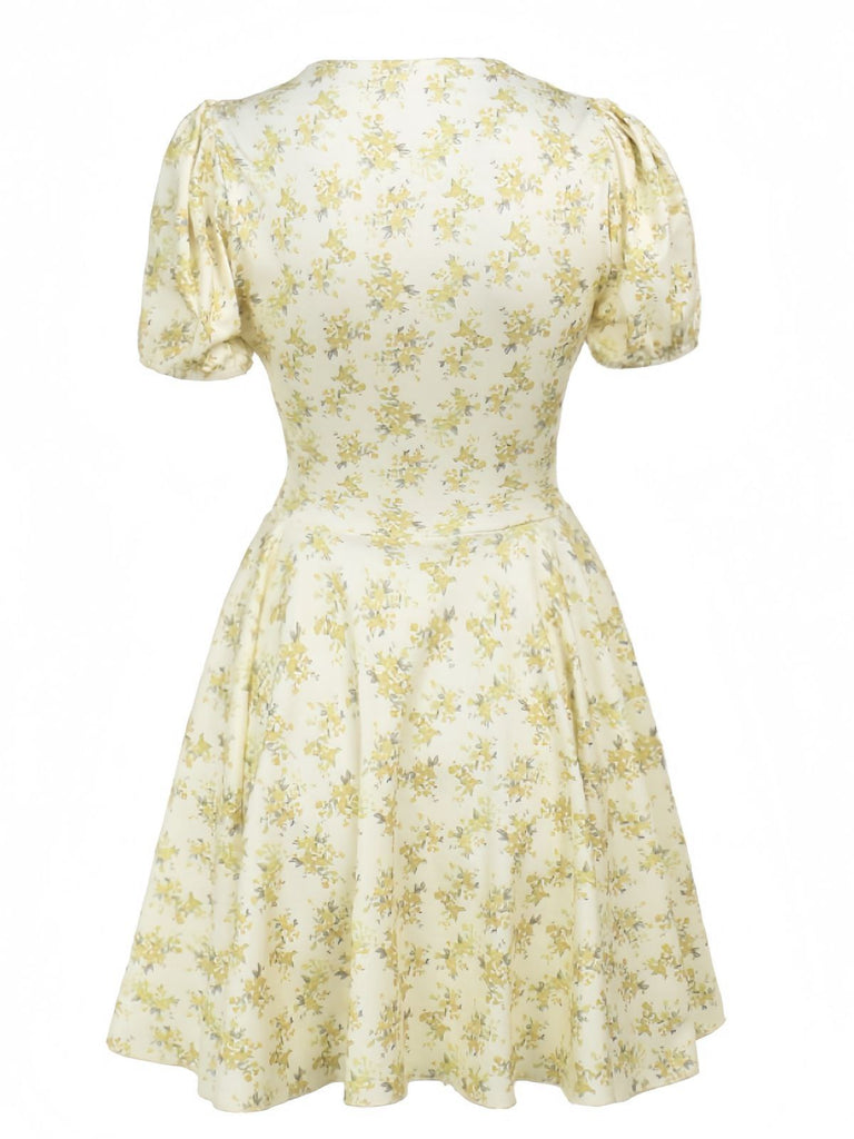 Yellow 1960s Floral Puff Sleeves V-Neck Dress