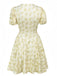 Yellow 1960s Floral Puff Sleeves V-Neck Dress