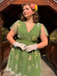 Green 1950s Floral Puff Sleeve Mesh Embroidered Dress