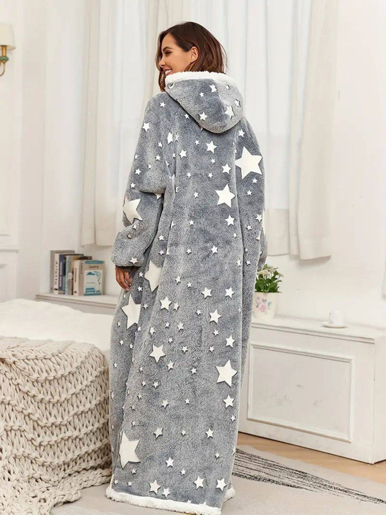 Gray 1970s Glow-In-Dark Star-Print Hooded Fleece Robe