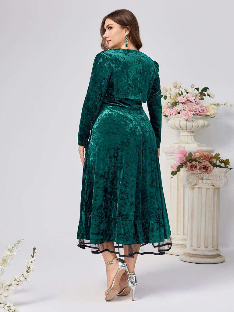 [Plus Size] 2PCS Green 1940s Velvet Sweetheart Mesh Dress & Coat