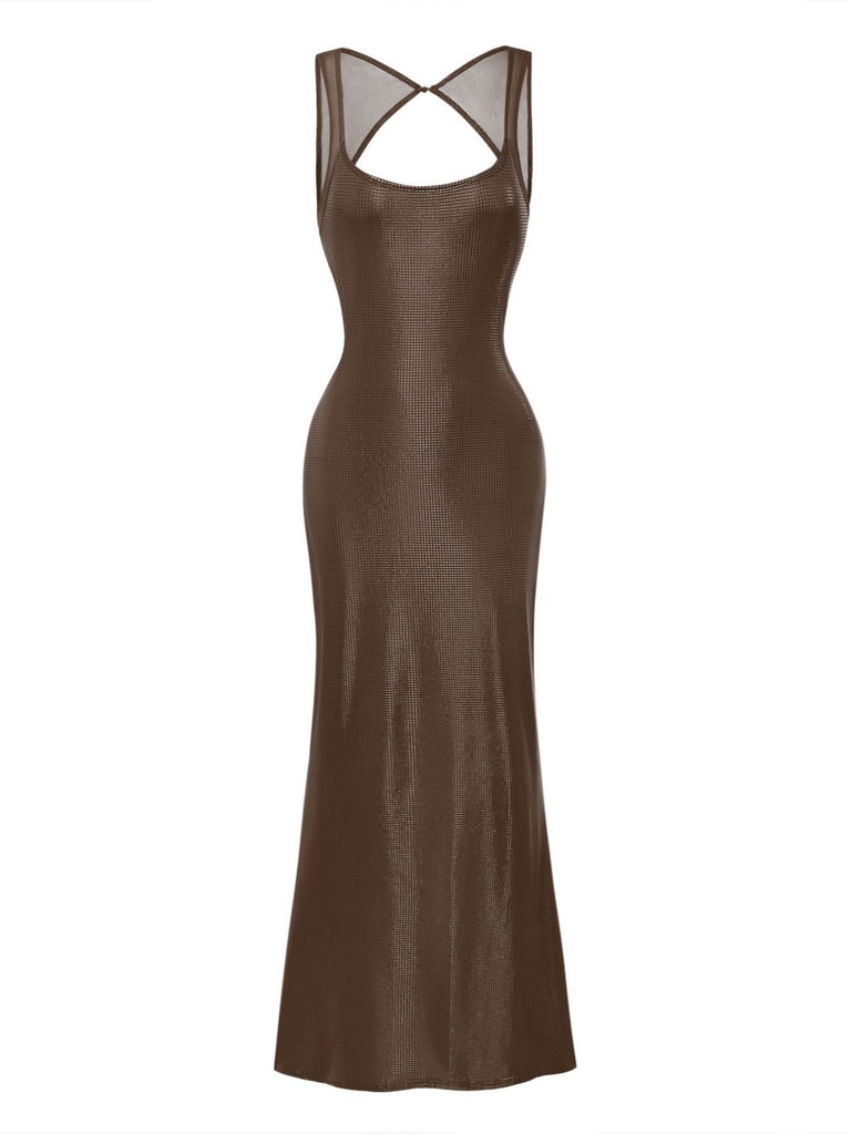 1980s Solid Sequined Mesh Buckle Square Neck Dress