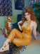 Gold 1970s Solid V-Neck Halter Jumpsuit