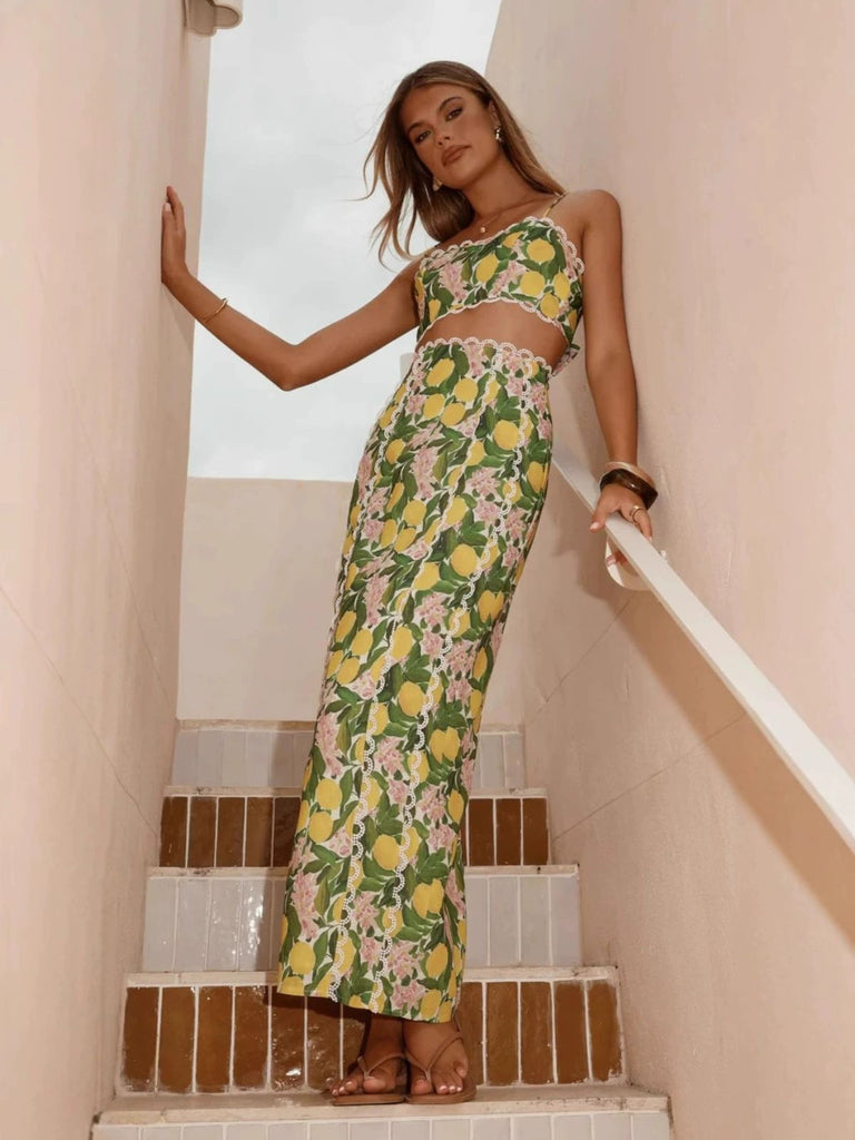 2PCS 1960s Lace Lemon Slip Top & Maxi Skirt