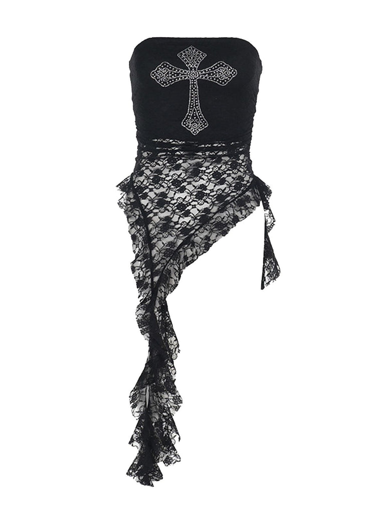 Black 1980s Cross Rhinestone Lace Strapless Tank Top