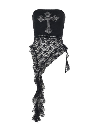 Black 1980s Cross Rhinestone Lace Strapless Tank Top