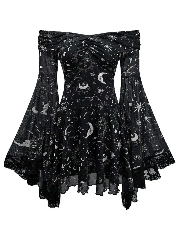 1980s Star Moon Sun Face Off-Shoulder Bell Sleeve Dress