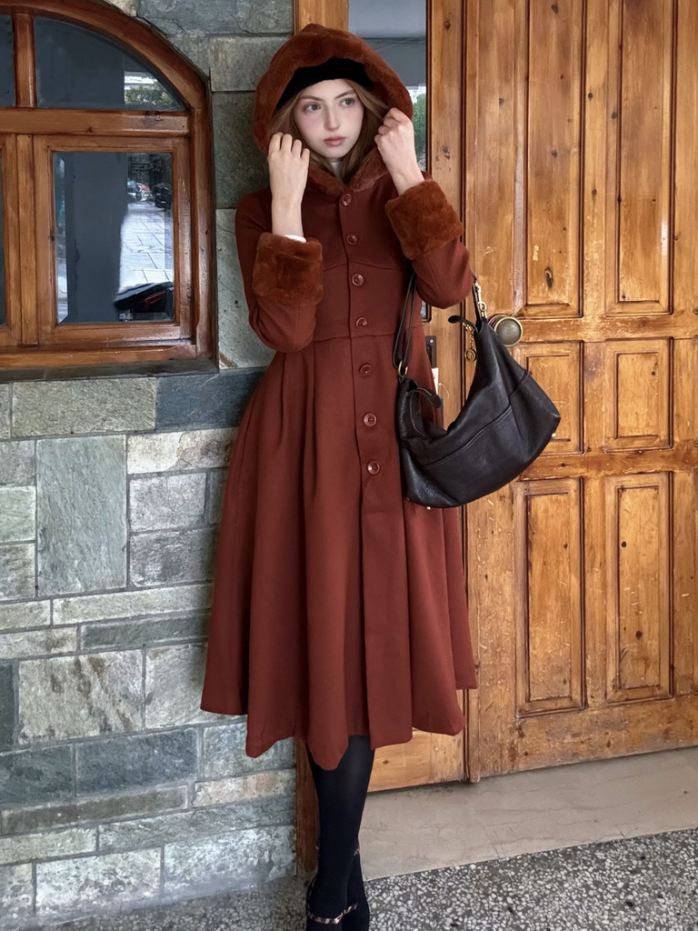 Brown 1950s Faux-Wool Hooded Button Coat