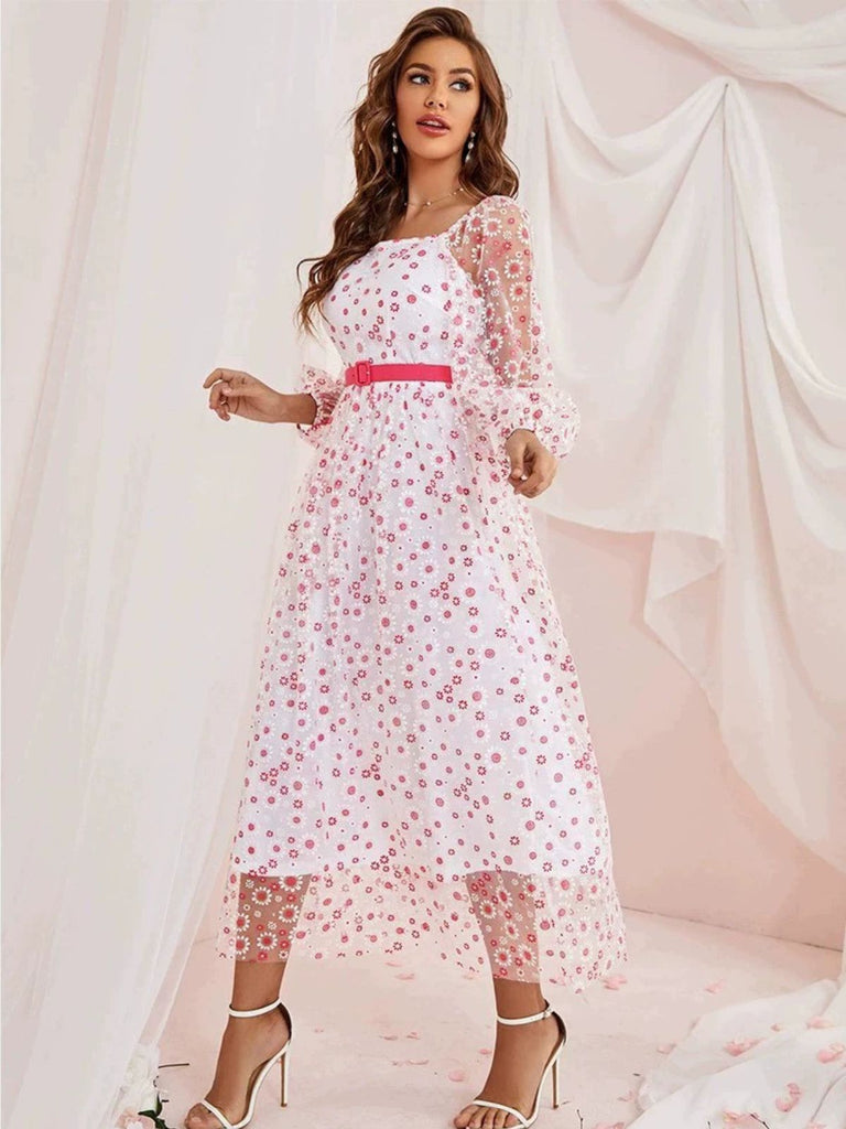 1940s Floral Illusion Square Neck Belt Dress
