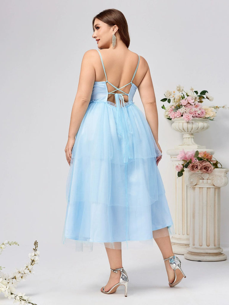 [Plus Size] Blue 1940s Layered Spaghetti Strap Wedding Guest Dress