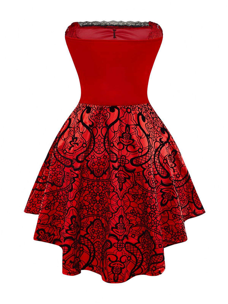 Red 1980s Velvet Lace Sequined Strapless Dress & Cape
