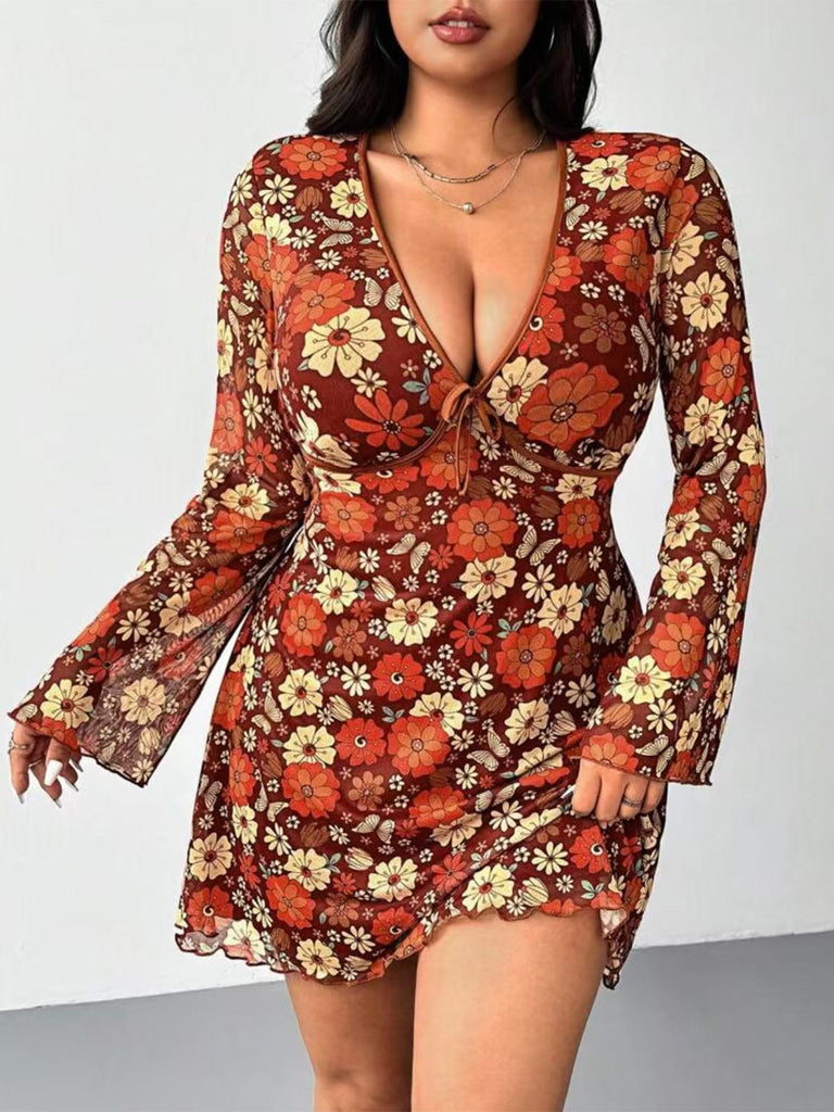 [Plus Size] Orange 1960s V-Neck Floral Dress
