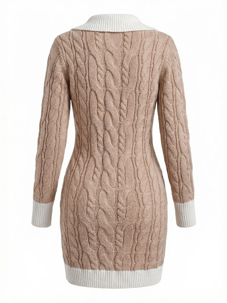 Beige 1960s Cable V-Neck Knit Sweater Bodycon Dress