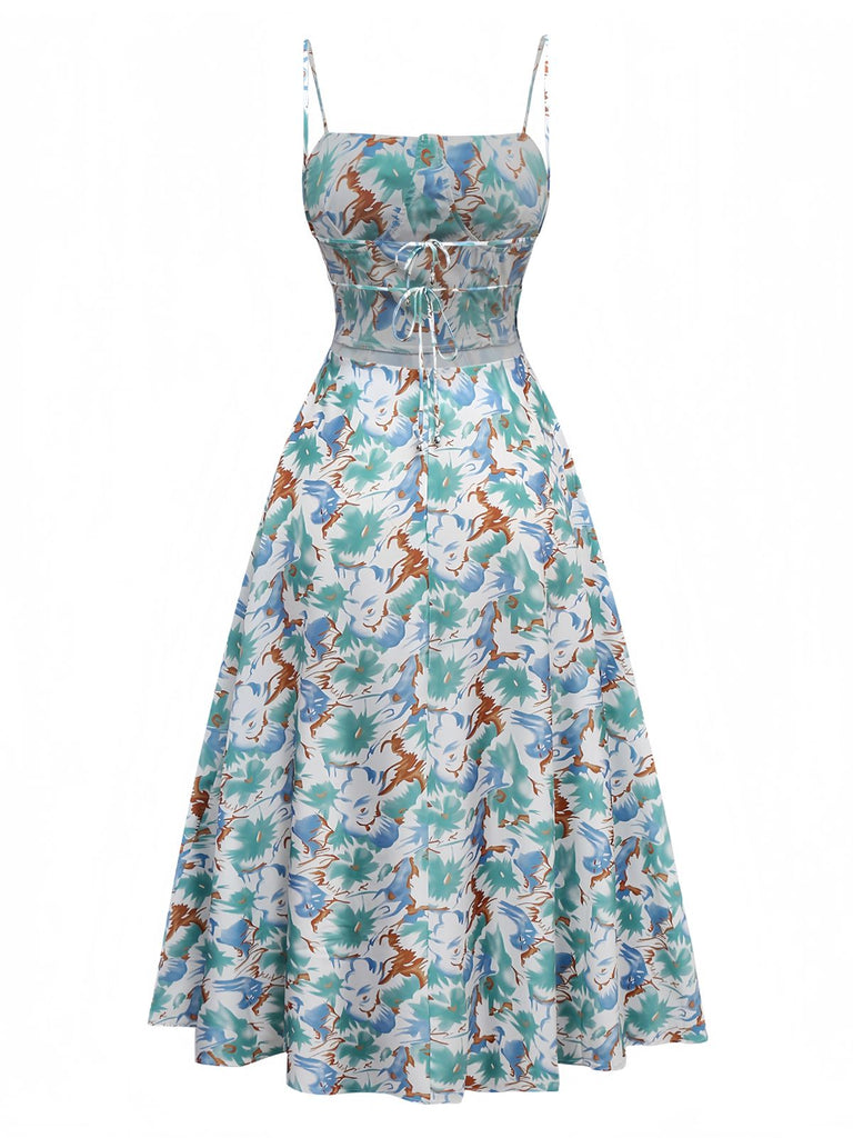 1950s Spaghetti Strap Floral Backless Side Slit Dress