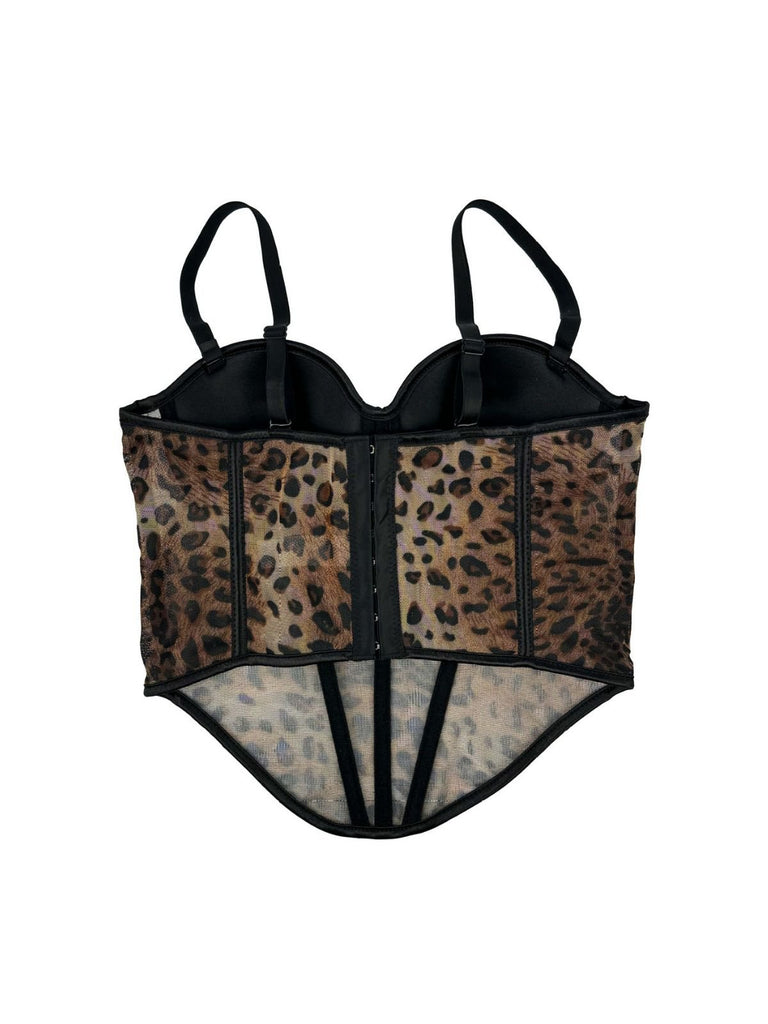 1980s Leopard Print Spaghetti Strap Herringbone Corset