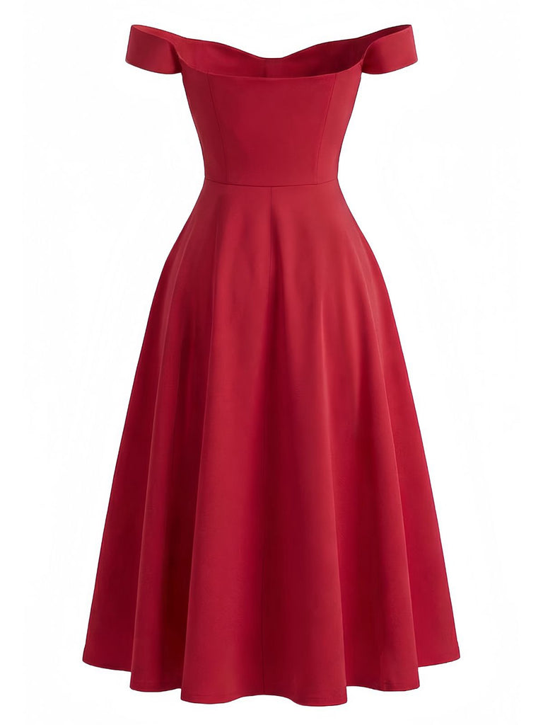 Red 1950s Solid Off-Shoulder Slit Fishbone Dress