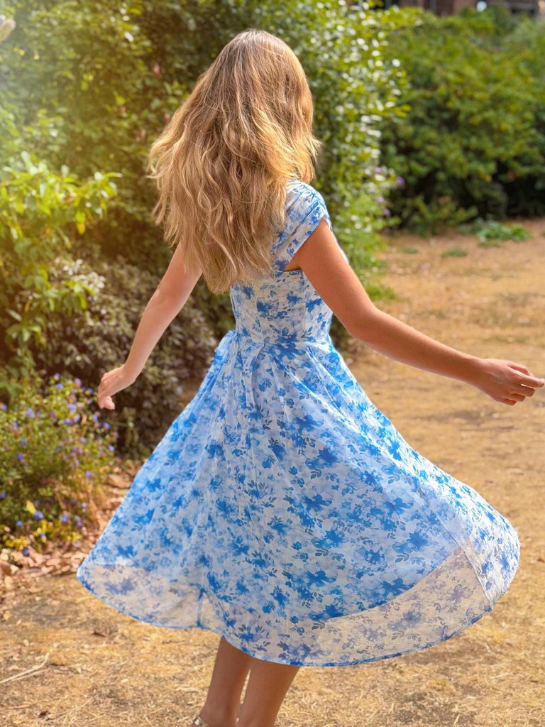Blue 1950s Puff Sleeve Sweetheart Neck Floral Swing Dress
