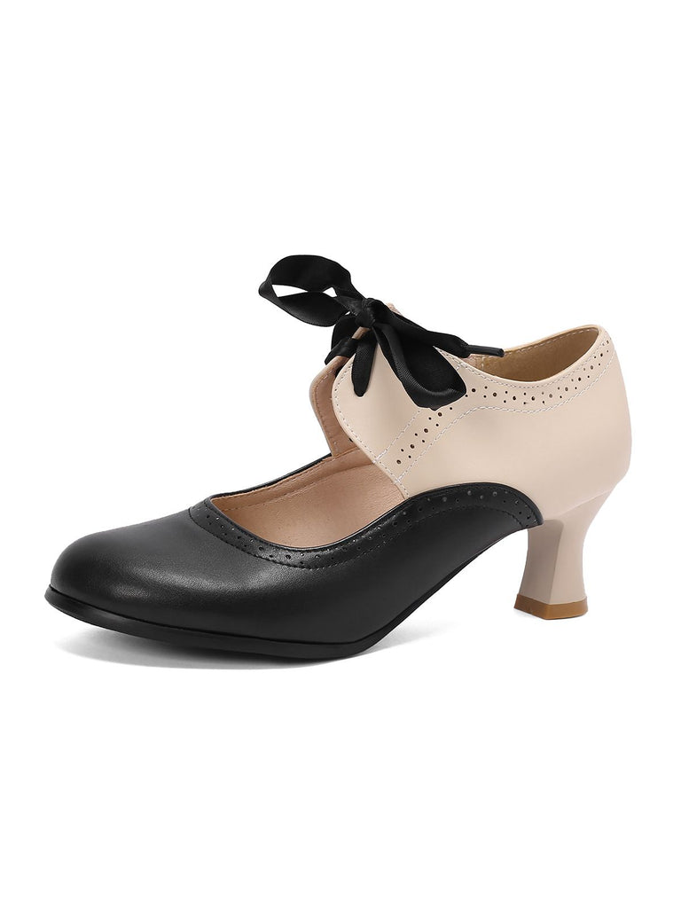 Vintage Colorblock Lace-Up Kitten Heel Shoes