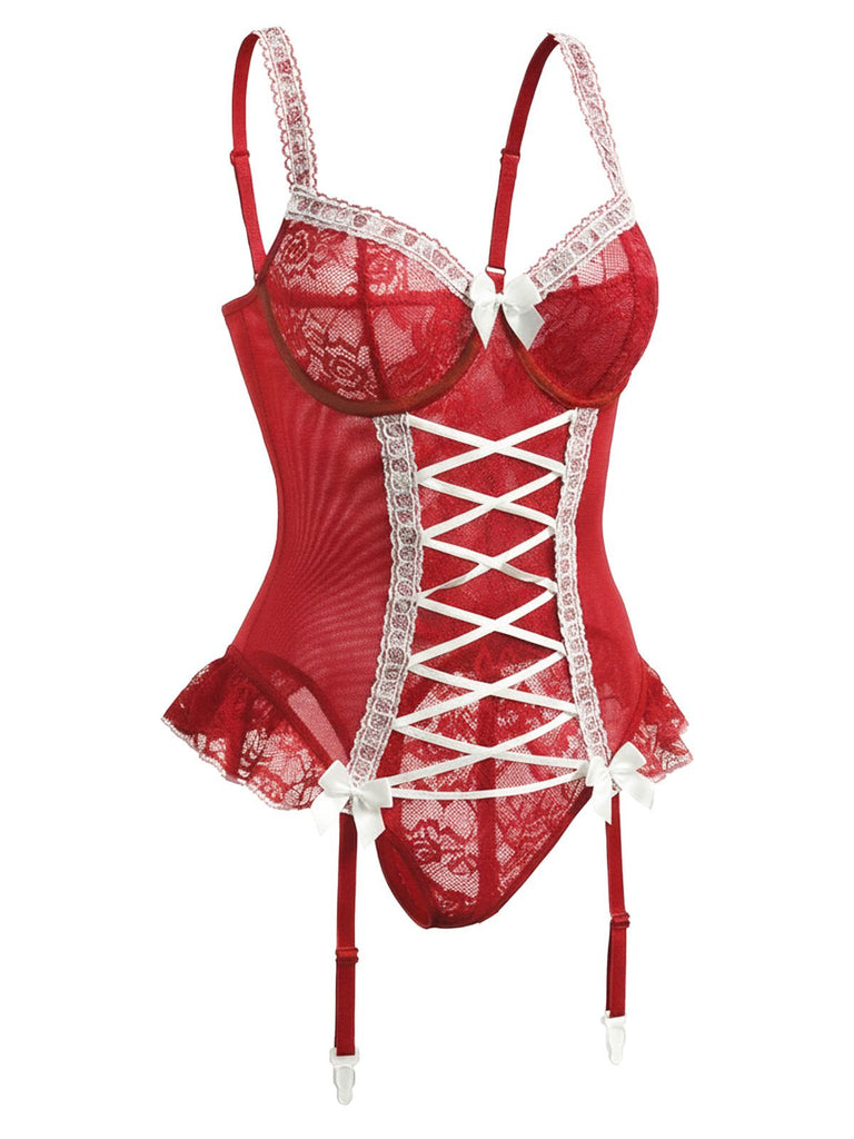Red 1960s Lace Bow Corset Lingerie With Stocking