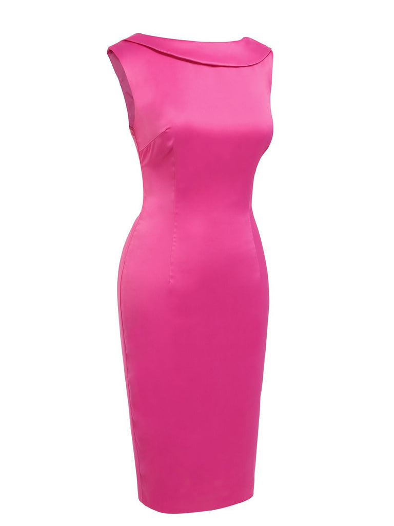 [US Warehouse] Rose Red 1960s Satin Solid Pencil Dress