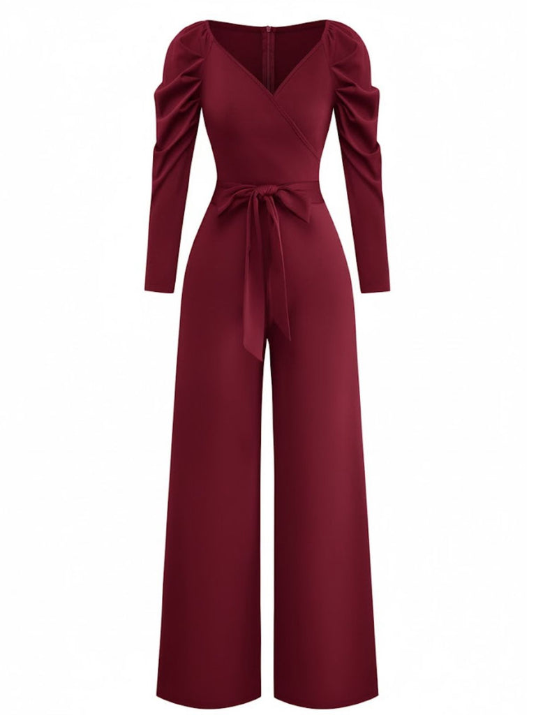 1930s Solid Ruched V-Neck Belted Jumpsuit