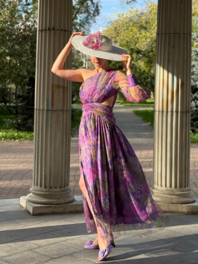Purple 1930s Mesh One-Shoulder 3D Floral Evening Dress
