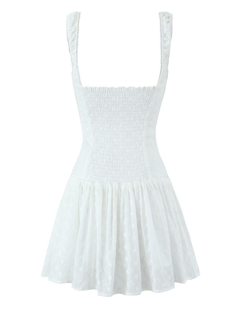 White 1950S Eyelet Embroidered Wide Strap Dress