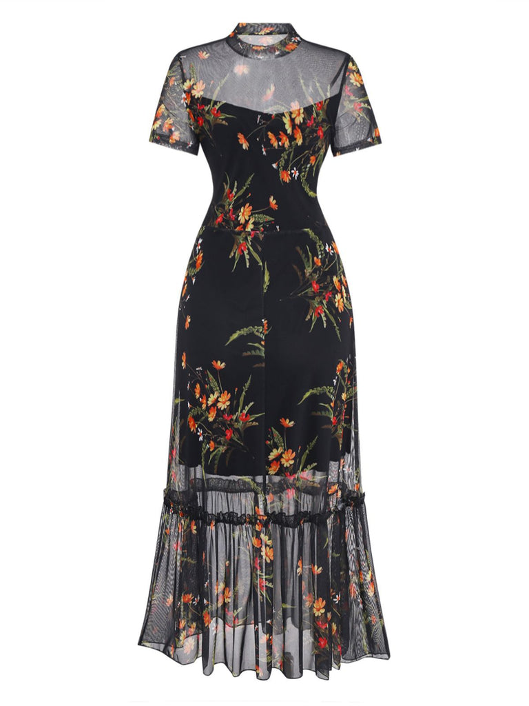 Black 1930s Floral Mesh Ruffle Midi Dress