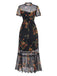 Black 1930s Floral Mesh Ruffle Midi Dress