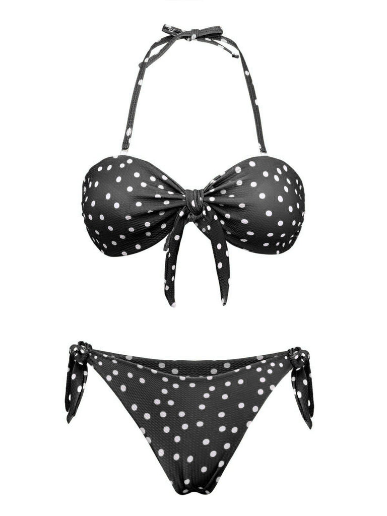 1970s Polka Dot Tie-Front Strapless Bikini Set