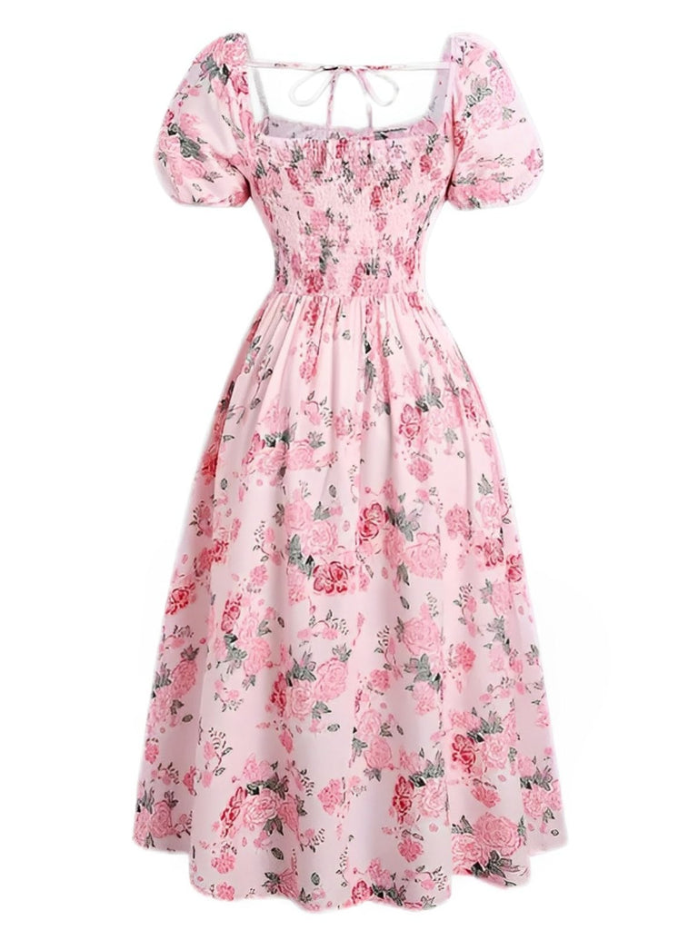 [Plus Size] Pink 1950s Square Neck Floral Dress