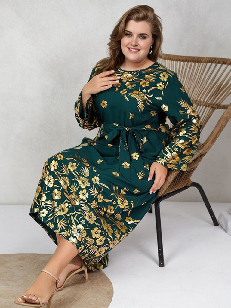 [Plus Size] Green 1930s Floral Long Sleeve Belted Dress