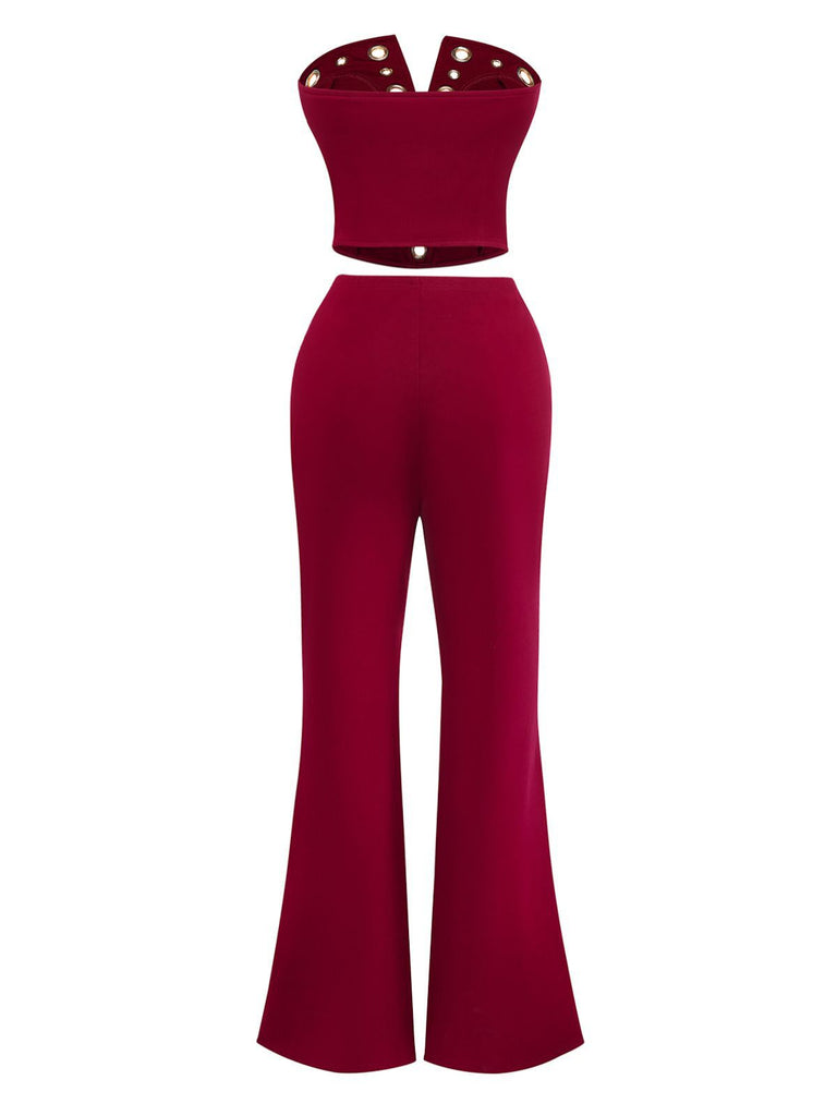 2PCS 1970s Strapless Metal Buckle Punk Top & Pants