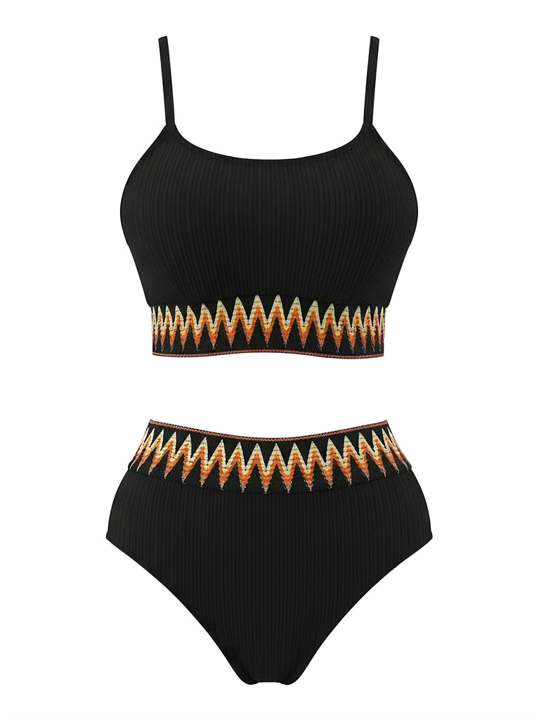 1950s Zigzag Pattern High-waisted Ribbed Bikini