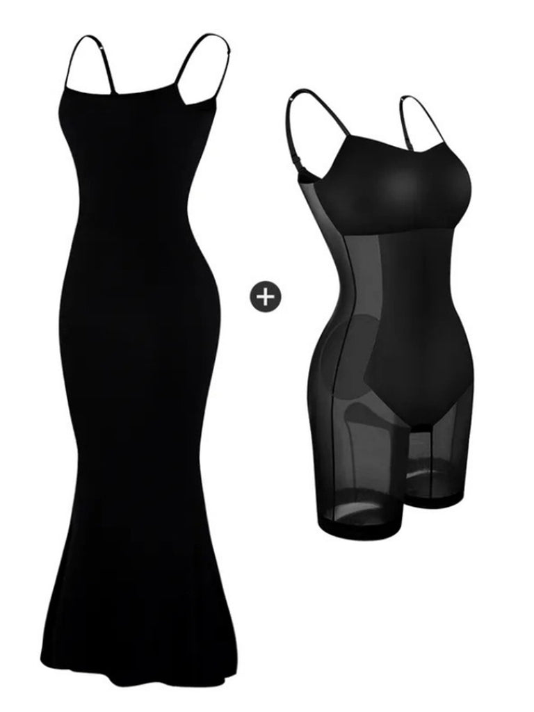 Black 1970s 2-in-1 Shapewear Slip Dress