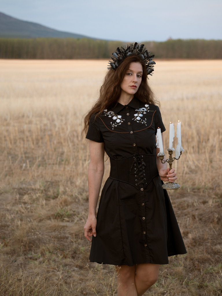 Black 1950s Cotton Floral Embroidered Western Style Dress
