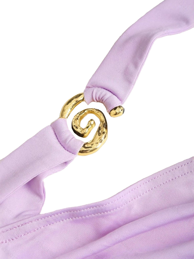 Purple 1960s Backless Ruffle Metal Detail Cake Dress