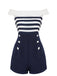 [US Warehouse] Navy Blue 1950s Patchwork Off-shoulder Striped Romper