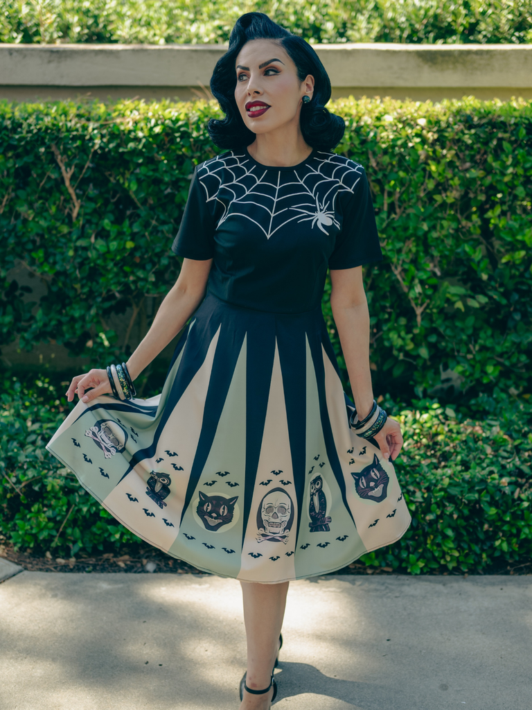 1950s Halloween Spider Web Print Patchwork Dress