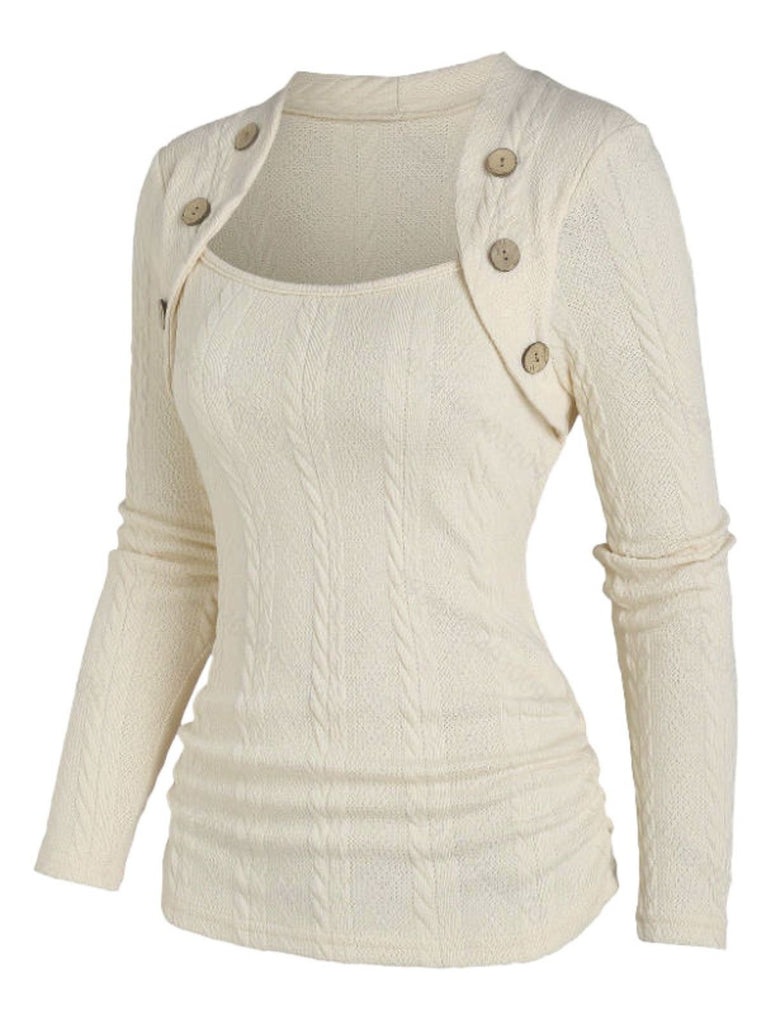 Beige 1960s Solid Faux Button Knitted Sweater