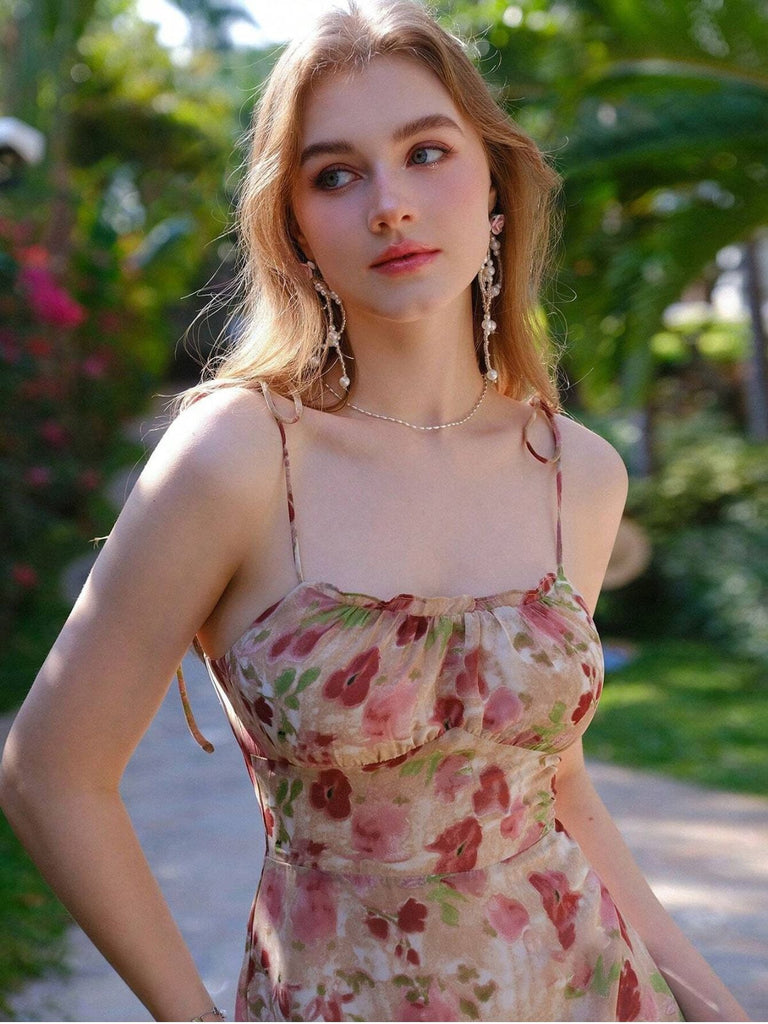 1960s Spaghetti Strap Floral Ruffled Dress