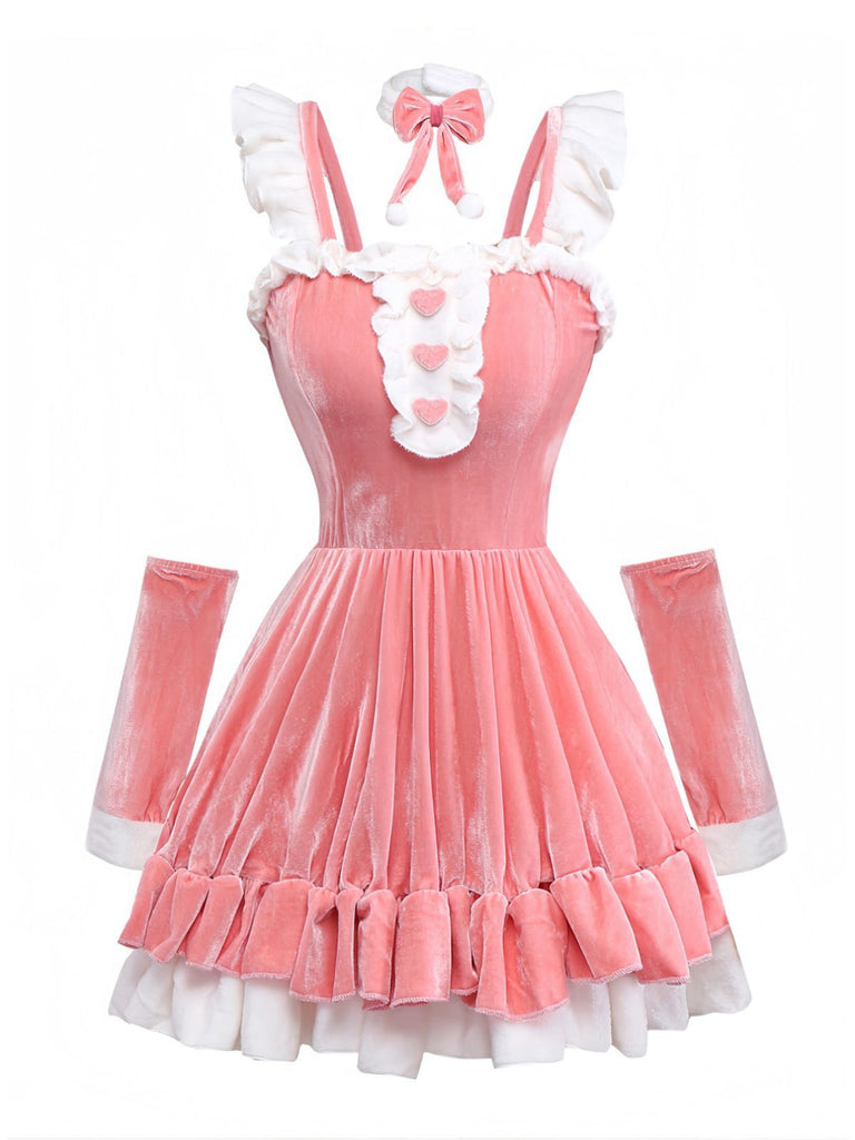 Pink 1970s Christmas Velvet Ruffle Bunny Girl Dress Set