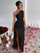1960s One Shoulder Ruched Slit Satin Dress