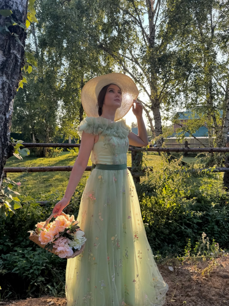 Green 1930s Floral Embroidered Mesh Strapless Dress