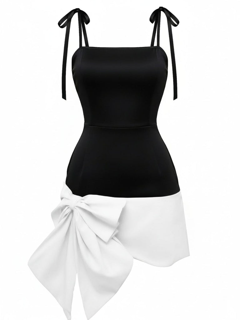 Black 1960s Square Neck Red Bow Tie Dress