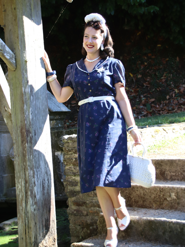 Pure Cotton Blue 1940s Puff Sleeves Floral Dress