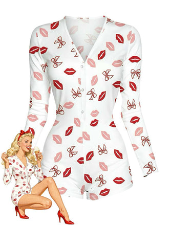 1980s V-Neck Heart Slip Print Romper Pajama